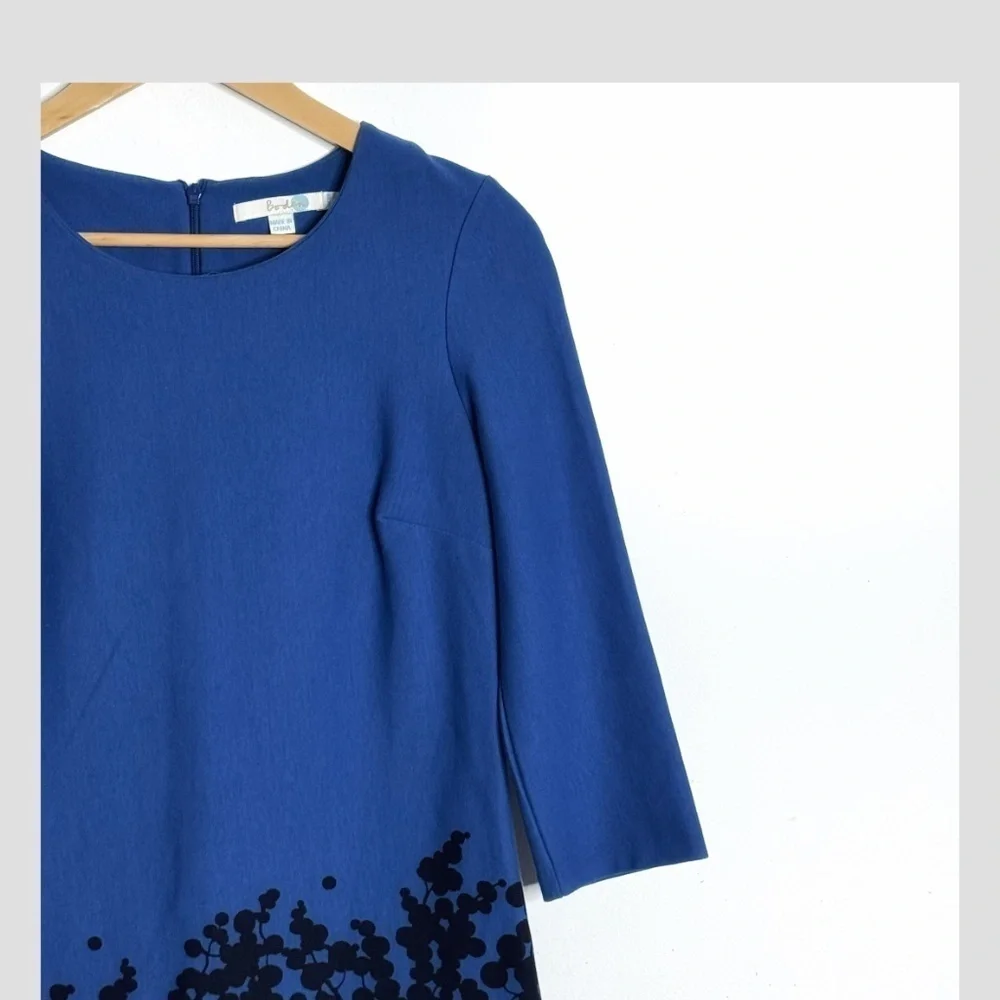 Boden Sheath Dress Stretch Ponte Fabric Blue Black Print 3/4 Sleeve Zip Back